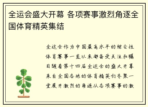 全运会盛大开幕 各项赛事激烈角逐全国体育精英集结
